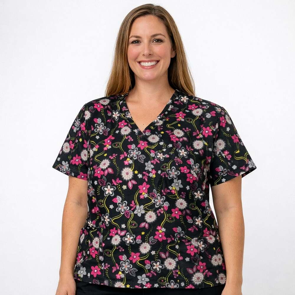 Bonita Scrubs V-Neck Mock Wrap Floral Print Medical Top
